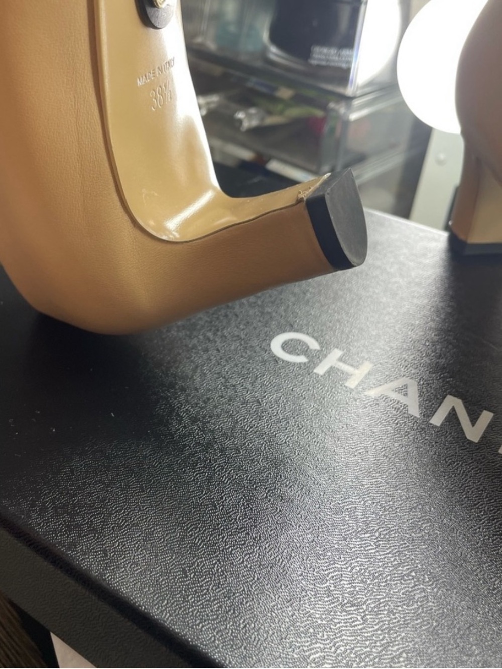 CHANEL Beige and Black Cap-Toe Pointed Pumps - Picture 9 of 10